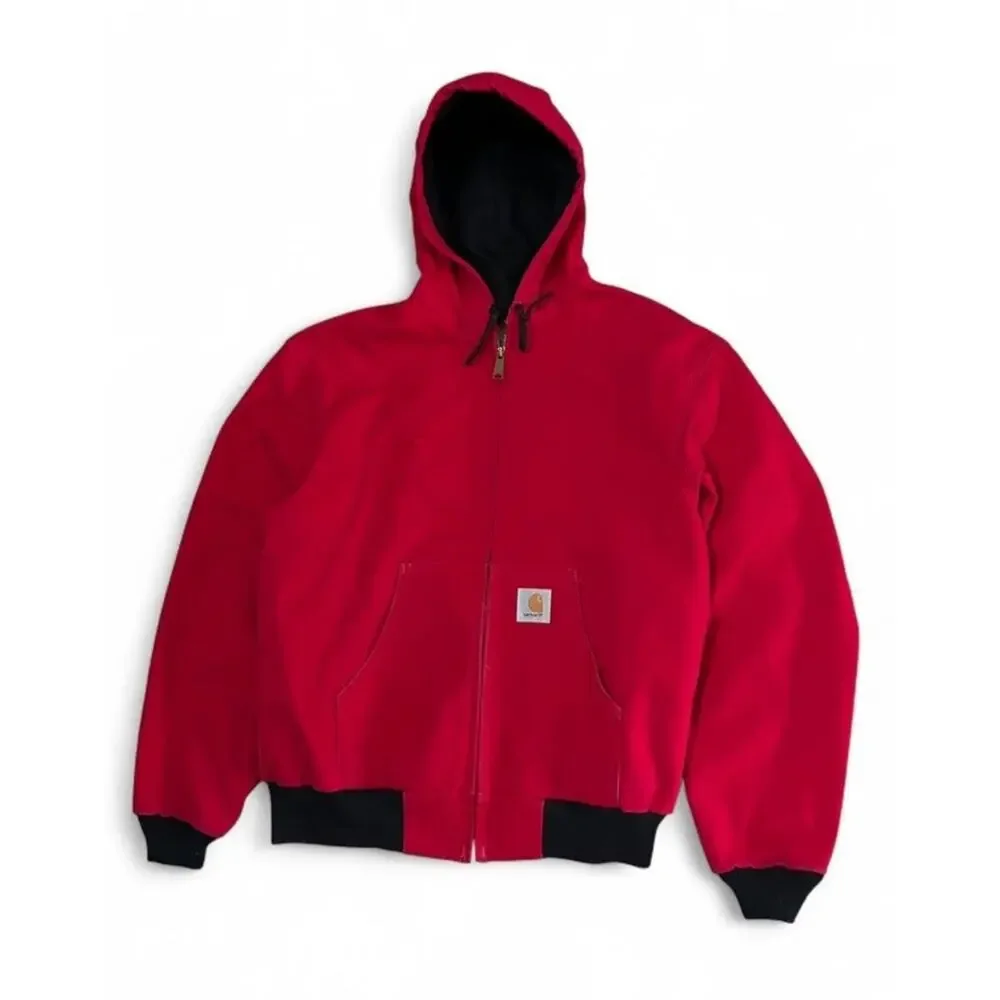 Vintage 90s Carhartt JR100 Red Hooded Thermal Canvas Duck Jacket Men’s Large - Picture 3 of 16